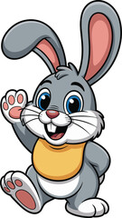 Happy cartoon rabbit waving, blue eyes, pink ears, playful pose, standing on one foot, children’s character, vector animal illustration
