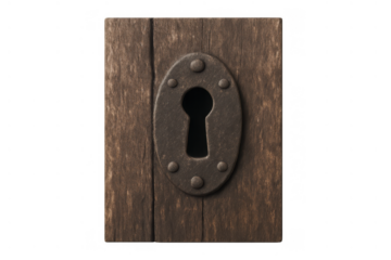 Keyhole on an old wooden door, discovering secrets and security, showing mystery and access on transparent background