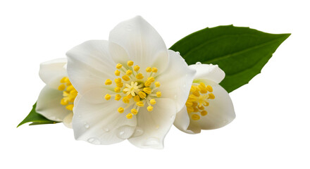 Fototapeta premium Delicate white jasmine flowers with green leaf isolated on transparent background