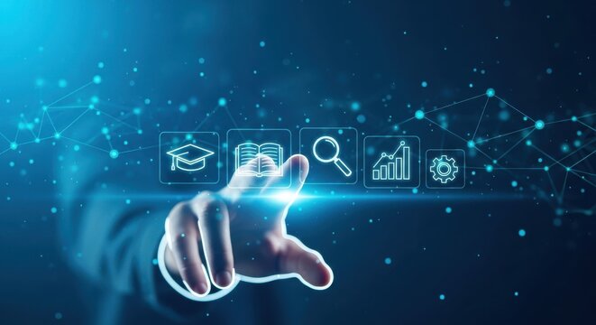 Hand touching a digital interface with icons of education and data analysis - Powered by Adobe