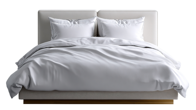 Cozy Bed with pillows and blanket: The image of a stylish bed is adorned with plush pillows and a soft, inviting blanket.