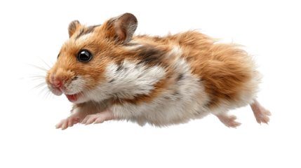 Syrian hamster running fast with mouth open isolated on transparent background