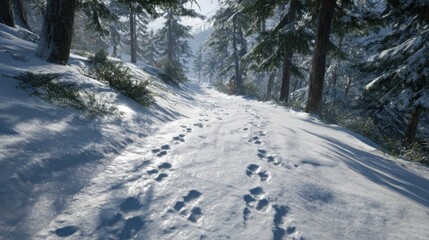 A snowy path through a pine forest with animal tracks,