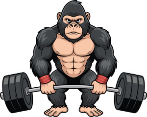 Muscular cartoon gorilla lifting barbell, serious expression, fitness theme, strong animal character, gym mascot, vector design, power illustrationMuscular cartoon gorilla lifting barbell, 