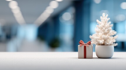 Festive Office Decor: A miniature, elegantly decorated Christmas tree and a wrapped gift sit atop a clean surface.