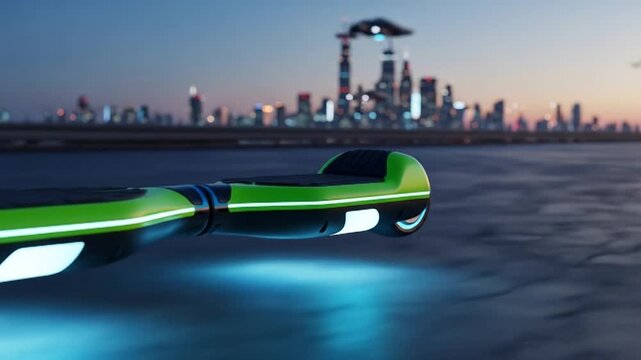 Futuristic hoverboard gliding over a cracked surface with a cityscape backdrop under a twilight sky