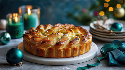 Homemade savory pie with a braided crust on a festive holiday table. Christmas dinner celebration with candles and teal decorations