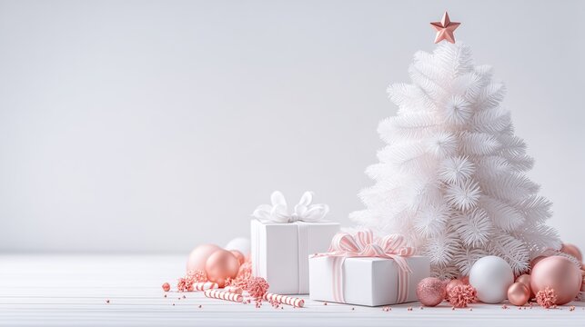 Festive Celebration with Holiday Decorations: A serene holiday scene featuring a soft, white Christmas tree adorned with a star on top, surrounded by elegant gifts, creating a warm.