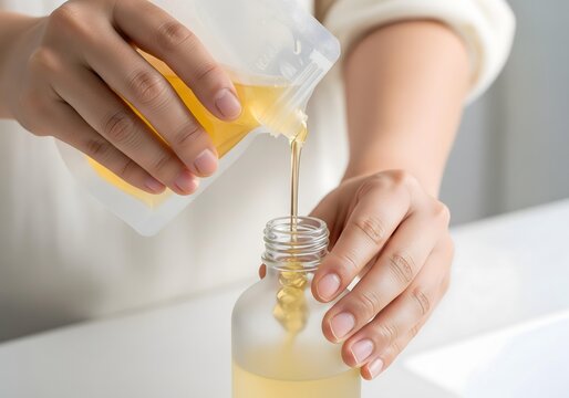 Woman's Hands Pouring Liquid into Glass Bottle Beauty DIY Project