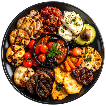 Authentic argentine picada with assorted cured meats, cheeses, and olives on a wooden board, isolated on white