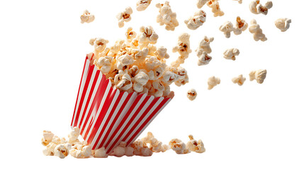A red and white striped popcorn box tipped over spilling popcorn on transparent background