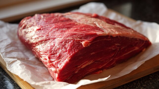 Fresh Raw Beef Cut on Wooden Board with White Paper in Natural Lighting for Culinary and Cooking Use in Food Photography and Recipe Presentation - Powered by Adobe