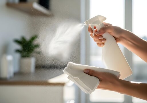 Close-up of a hand holding a white spray bottle and a cloth, spraying disinfectant onto a surface for cleaning and hygiene