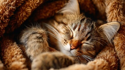 Cute tabby cat sleeping peacefully in warm, fuzzy blanket, cozy environment, showing tranquility and comfort, perfect for animal lovers and cat enthusiasts