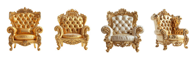 Four ornate golden baroque chairs with intricate carvings, isolated on transparent background