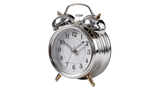 Vintage Clock's Gentle Echo: a classic alarm clock with a metallic finish, its bells and hands stand in sharp relief, highlighting the passage of time.