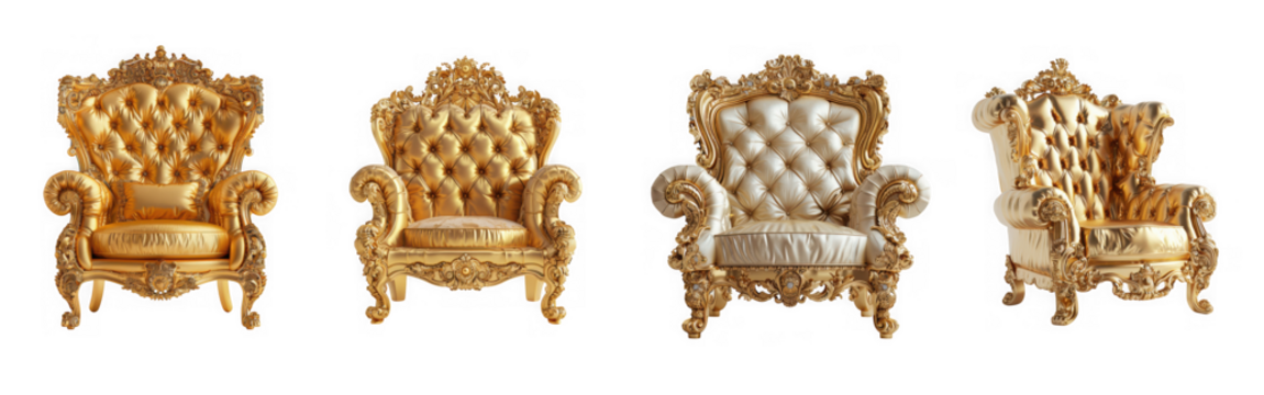 Four ornate golden baroque chairs with intricate carvings, isolated on transparent background - Powered by Adobe