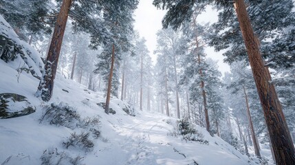 A snowy path through a pine forest with heavy snow,