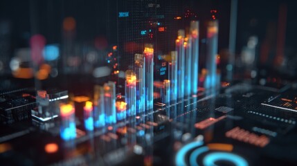 Fototapeta premium Futuristic Digital Financial Graphs Showing Increasing Trends with Vibrant Colorful Lights and Abstract Technology Elements for Data Analysis