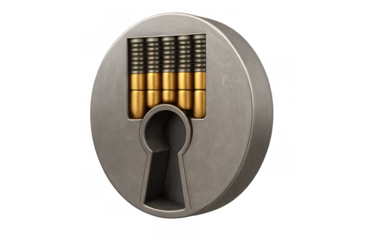 Pin tumbler door lock mechanism cutaway showing internal springs, pins, keyhole, and security for home protection