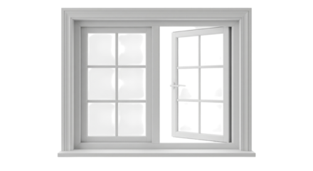 White window frame with one side open isolated on transparent background
