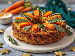 A festive vegetarian nut roast garnished with carrots and fresh herbs. Vegan centerpiece for a Christmas or Thanksgiving holiday dinner