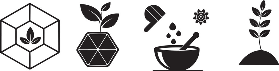 Herbal medicine and botanical silhouette icon set