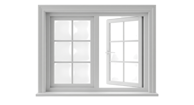 White window frame with one side open isolated on transparent background