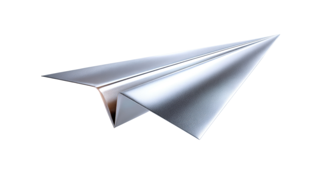 Soaring Aspirations: A minimalist shot of a sleek, metallic paper airplane in mid-flight. Capturing dreams and innovation in its effortless glide.