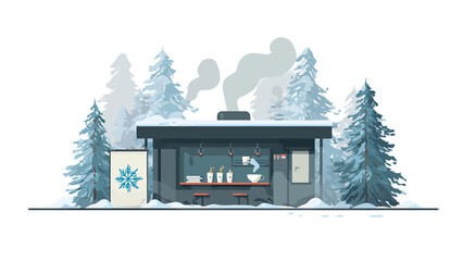 A cozy flat design illustration of a warming hut or rest stop at the Harbin International Ice and Snow Sculpture Festival, offering a comforting respite from the cold
