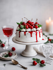 White holiday cake with fresh cherries and red sauce on a stand. Vertical festive Christmas dessert with whipped cream and mint. Gourmet baking for a celebration
