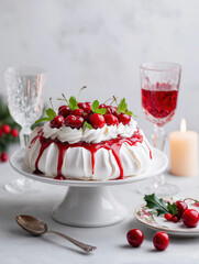 Christmas Pavlova cake with fresh cherries and cream. Festive meringue dessert on a cake stand for a holiday celebration. Gourmet sweet food on a decorated table