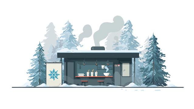 A cozy flat design illustration of a warming hut or rest stop at the Harbin International Ice and Snow Sculpture Festival, offering a comforting respite from the cold