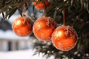 orange christmas balls realistic, on coniferous branch of fir tree, blurred outdoor background