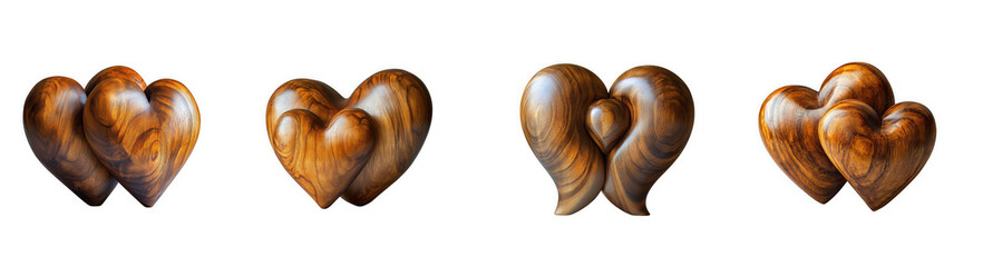 Four brown wooden hearts, isolated on transparent background