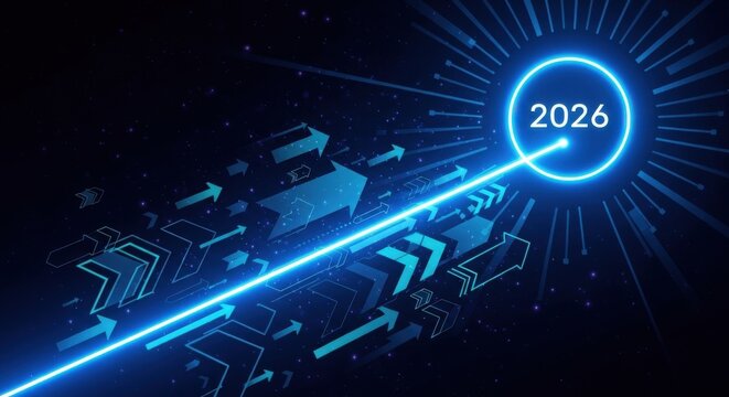 Digital arrow pointing towards the year 2026 in a futuristic setting - Powered by Adobe