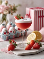 Christmas strawberry cocktail in a coupe glass with festive decorations. Vertical holiday party drink with a gift box in the background