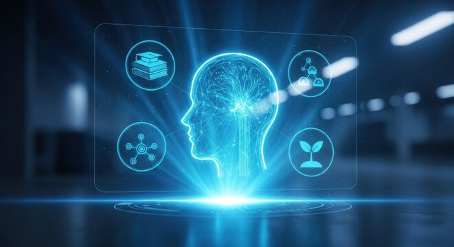 Artificial intelligence brain hologram with futuristic technology icons
