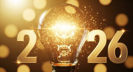Happy new year 2026 with light bulb and gold number, creative idea and innovation