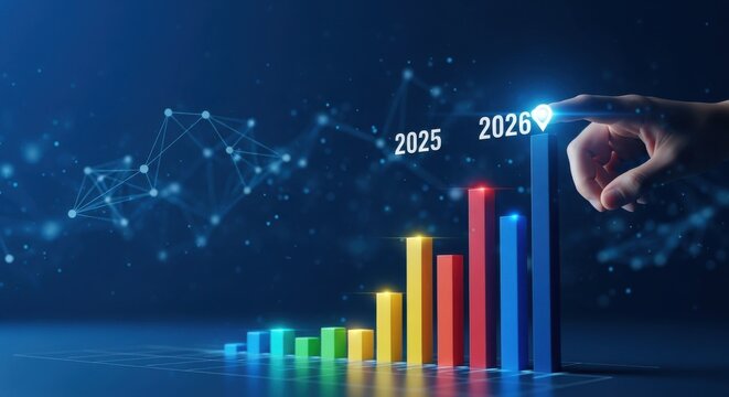 Business growth chart reaching 2026 with a hand touching the peak
