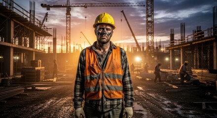 Resilient at the Construction Site: A determined construction worker, standing strong amidst the framework of a towering skyscraper.