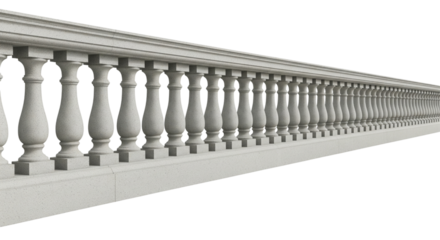 Long stone balustrade isolated on transparent background, architectural element detail