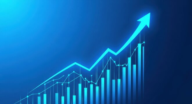 Financial graph showing upward trend with rising bar chart