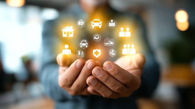Insurance and assurance concept crop below eyes background softly defocused medical life car home travel coverage comprehensive policy management businessman with virtual