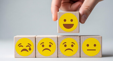 Customer experience and satisfaction concept, hand putting smile face on wood block