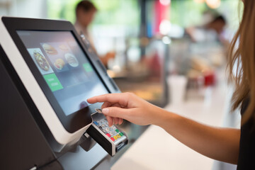 Woman using touchscreen kiosk with credit card at self service terminal