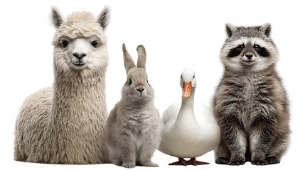 Obraz premium A group of farm and wild animals including llama, rabbit, duck, and raccoon, isolated on transparent background