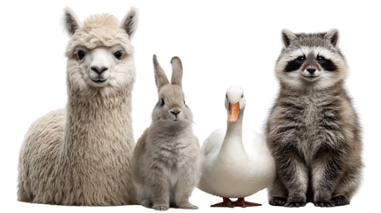 A group of farm and wild animals including llama, rabbit, duck, and raccoon, isolated on transparent background