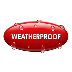 Fototapeta premium Red oval shape with the word weatherproof and water droplets isolated on transparent background