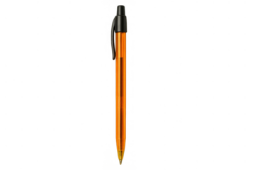 Orange ballpoint pen with black cap and clip, writing tool for office, school, business on transparent background